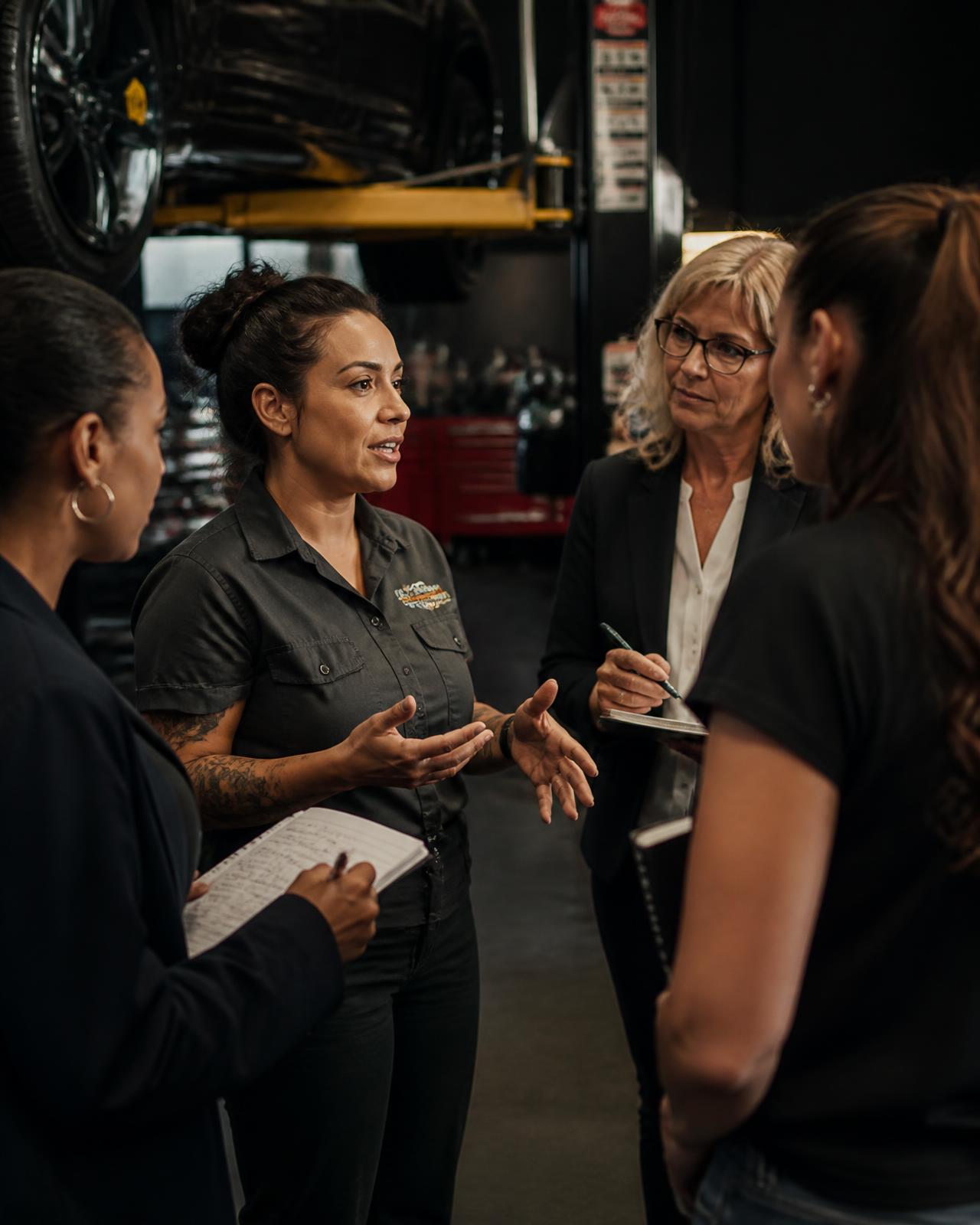 Women in an automotive shop talking strategy and taking notes together